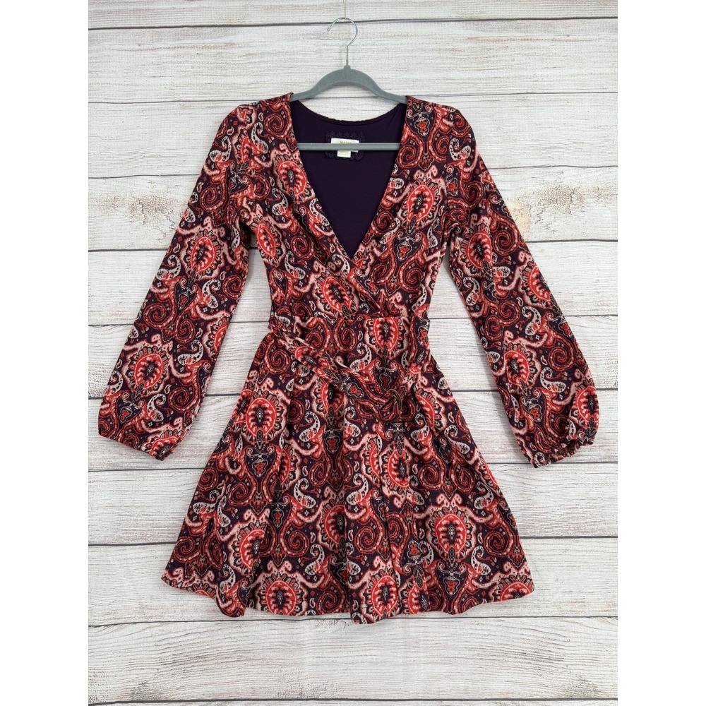 Maeve Dress Women Medium Red Paisley Metallic Faux Wrap Long Sleeve Mini Pocket